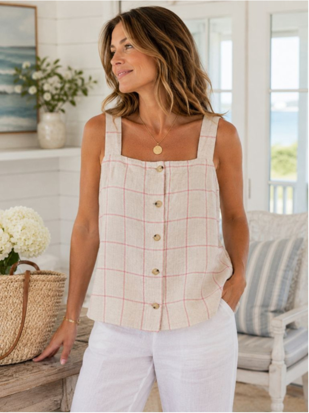 Liz Claiborne Linen Blend Plaid Button Tank Top Coastal Grandma Cottagecore Sz L